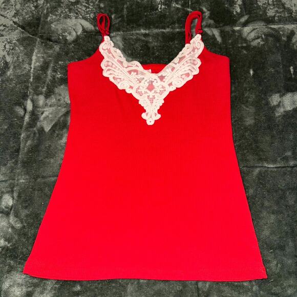 Bongo Y2K Cami Tank Top Women Large Red Cotton Ribbed Lace Neck Spaghetti Strap - Picture 8 of 8